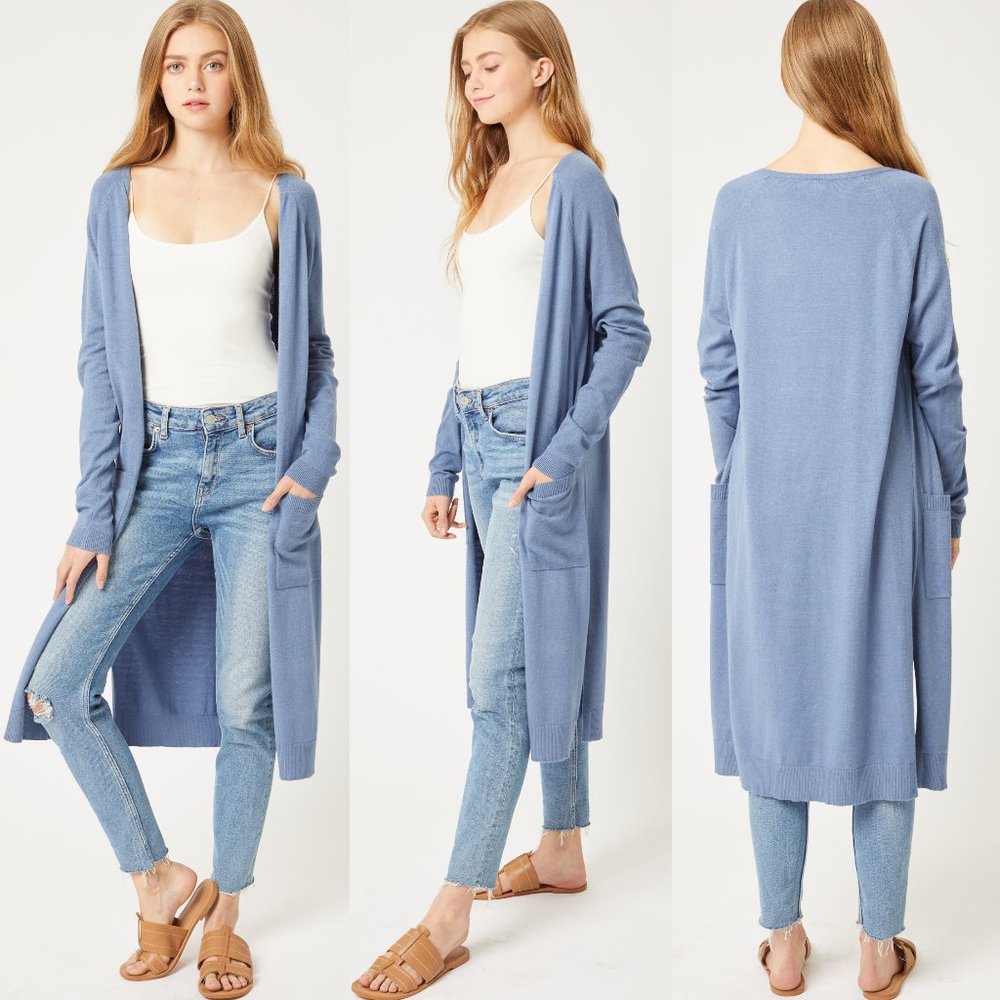NEW Open Front Knit Long Maxi Duster Cardigan Blue